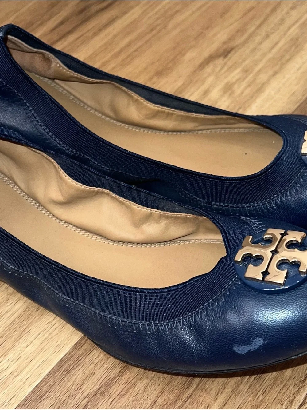Tory Burch Navy Leather Ballet Flats with Gold Logo